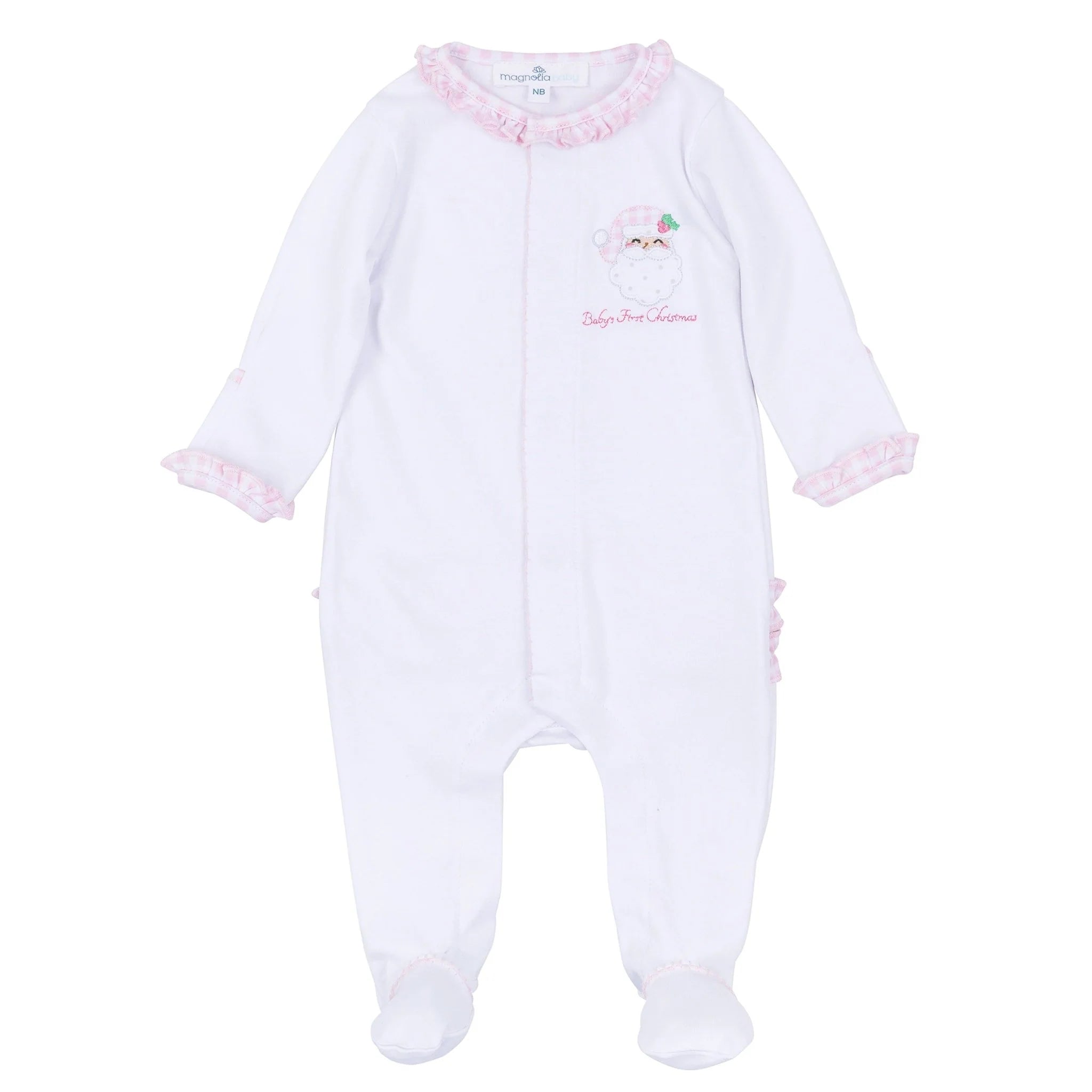 Sweet St Nick Applique Baby's First Christmas Ruffle Footie - Pink