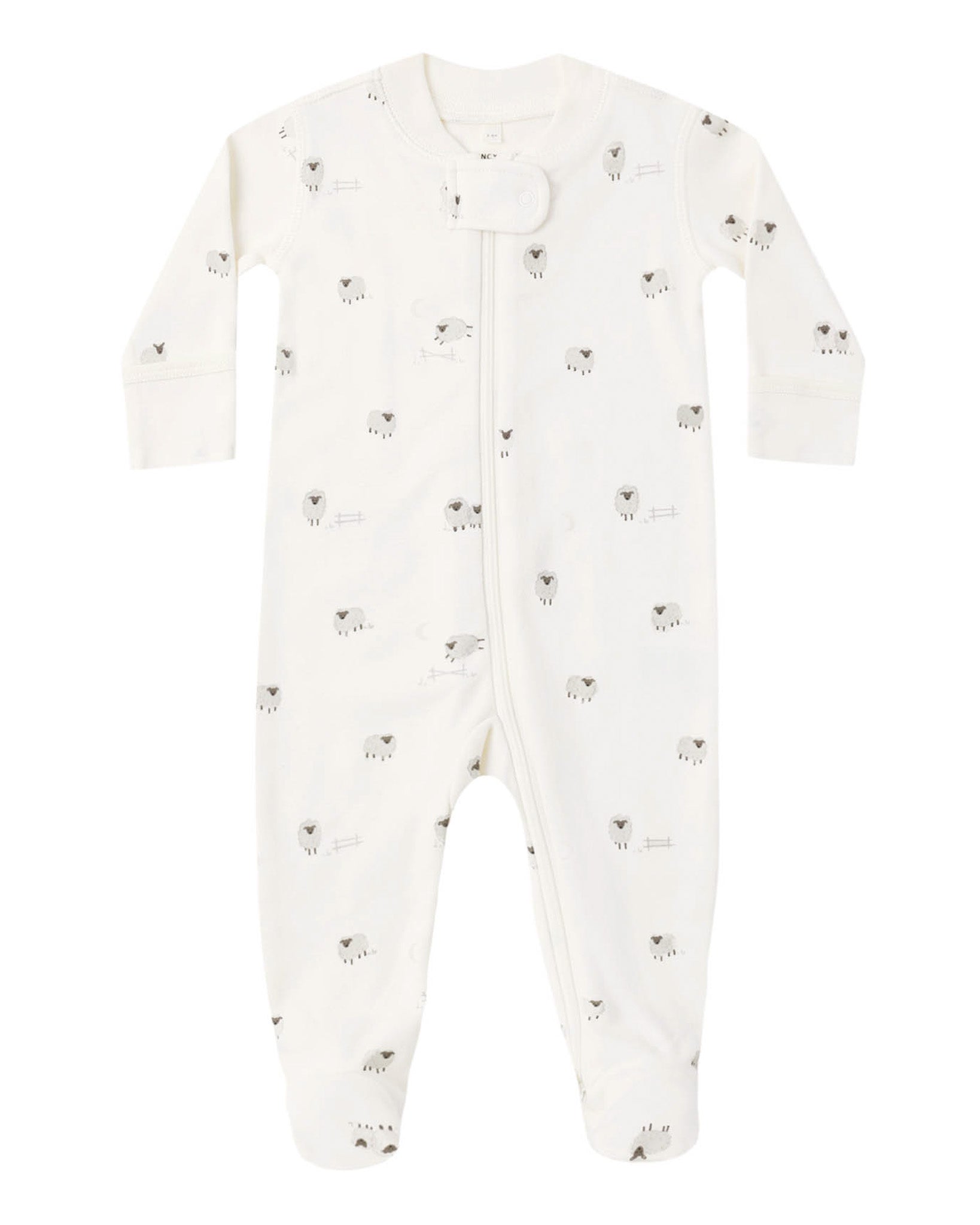 White baby onesie with black animal prints on a white background