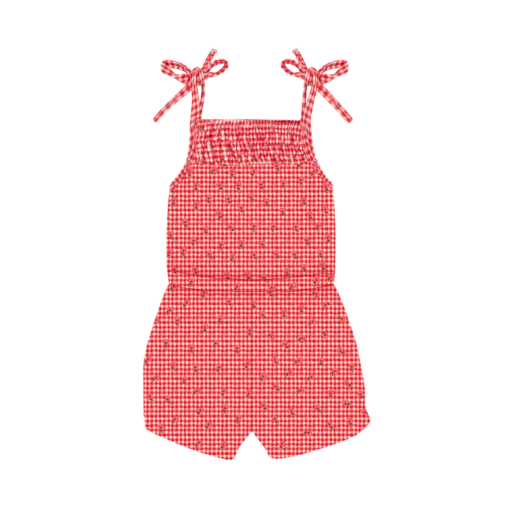 Girls Red Floral Gingham Smocked Romper SS26