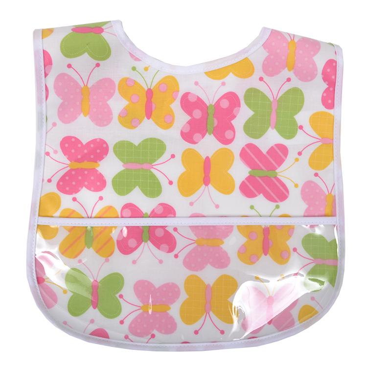A vibrant 3 Marthas Laminated Bib featuring a butterfly design in bright colors. This bib is perfect for toddlers, making mealtime fun and mess-free. 3 Marthas Laminated Bib in Multiple Colors, 3-marthas, cf-color-blue-gingham.