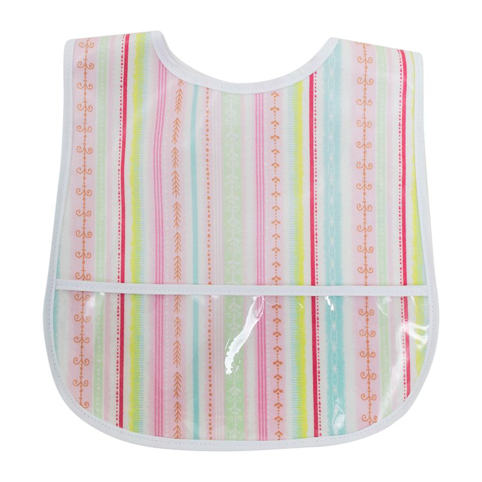 An adorable striped 3 Marthas Laminated Bib showcasing a mix of pastel colors. This bib is designed to keep your little one clean while enjoying mealtime. 3 Marthas Laminated Bib in Multiple Colors, 3-marthas, cf-color-blue-gingham.