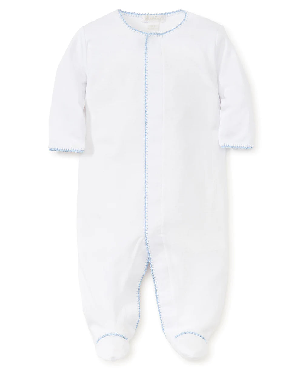 Kissy Kissy White/Blue New Premier Basics Baby Girl Footie made of 100% Pima Cotton, featuring snaps for easy changes. Perfect for comfort and style.