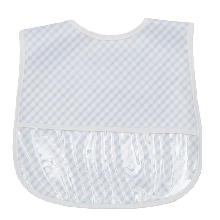 A light blue gingham 3 Marthas Laminated Bib with a protective clear pocket. This bib is not only stylish but also simplifies cleaning after mealtime with its easy wipe-down surface. 3 Marthas Laminated Bib in Multiple Colors, 3-marthas, cf-color-blue-gingham.